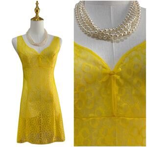 Vintage 60s Germany Stretta Neon Yellow Sheer Lace Mini Full Slip Dress Size S